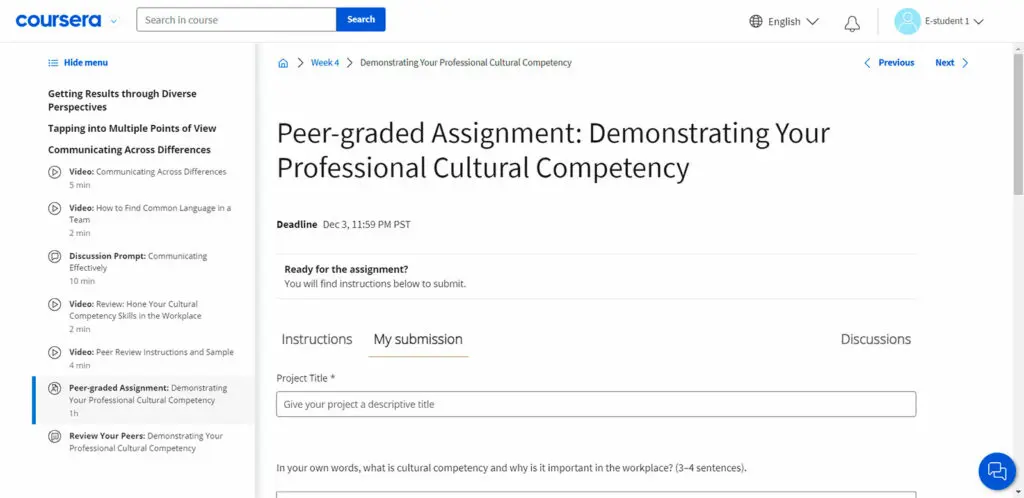 Peer-graded assignments submission page