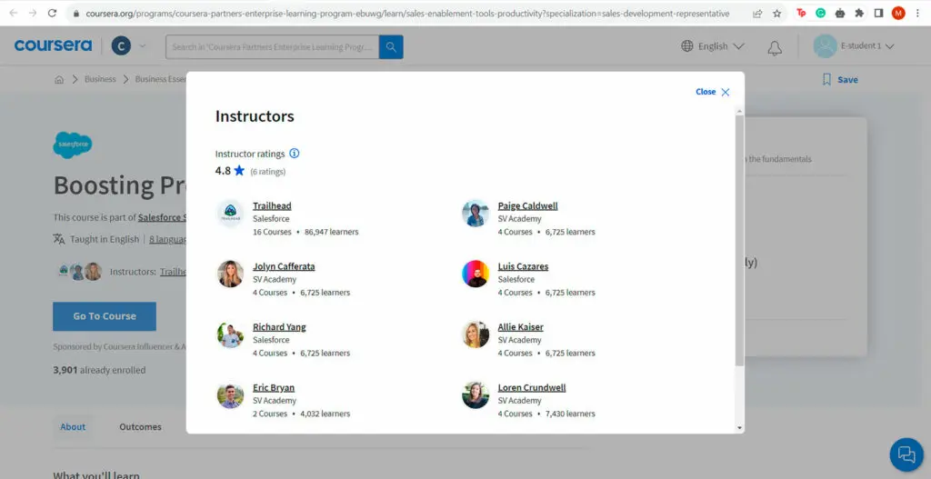 List of instructors for one of the courses