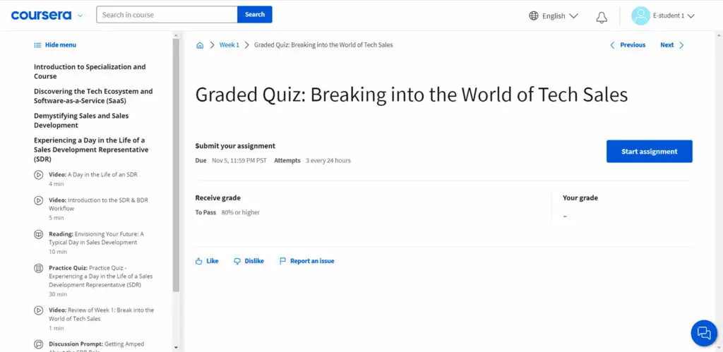 Screenshot of the first graded quiz in the program
