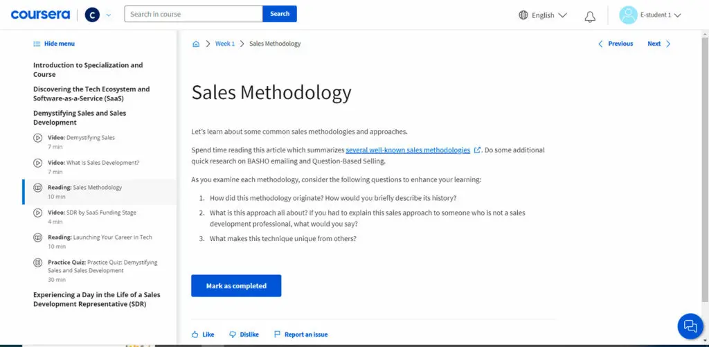 Reading materials within the Coursera platform along with external links for additional resources