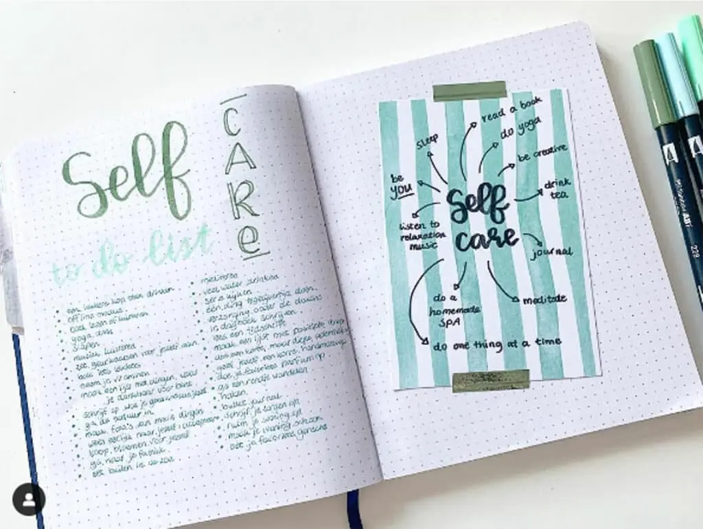 Self-care theme page example from Lisa Klevits' bullet journal
