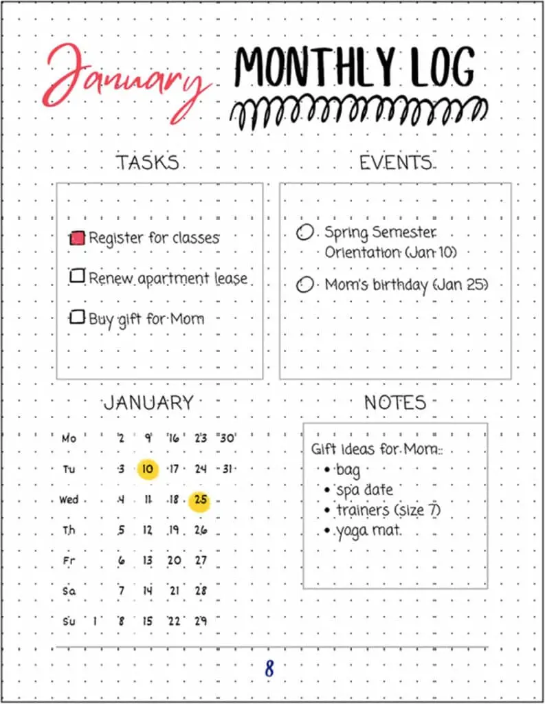 Monthly Log in a bullet journal, featuring a calendar view and a list of tasks and events for the month