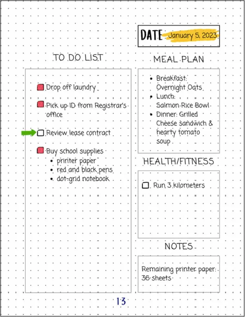 Daily Log in a bullet journal, showcasing tasks, events, and notes for a specific day using the rapid logging format