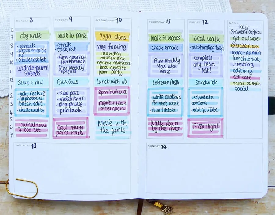 Example of a bullet journal spread utilizing the Time Blocking Technique