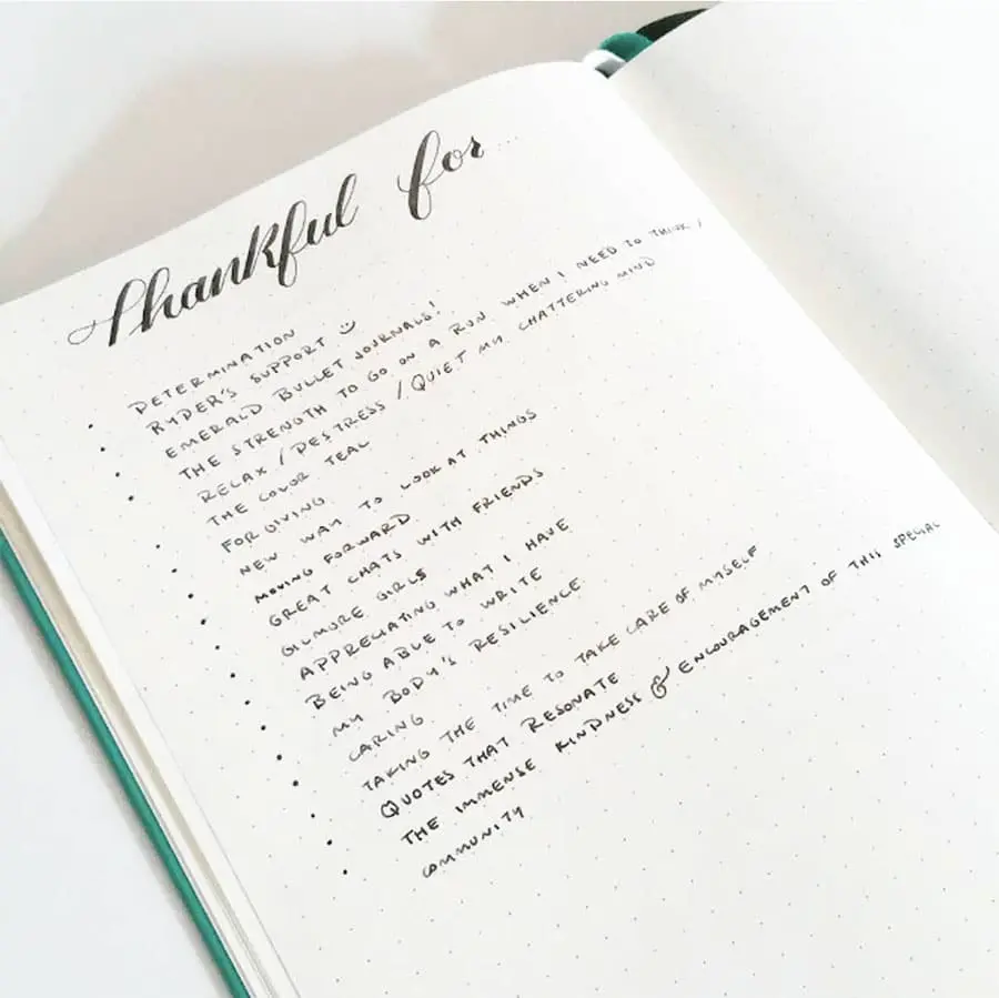Bullet journal gratitude page from Tinyrayofsunshine