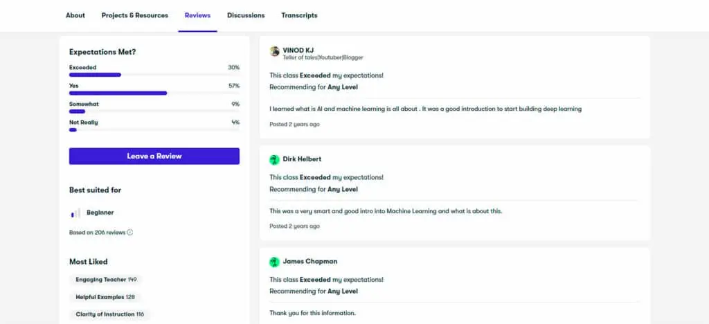 Section highlighting reviews from participants
