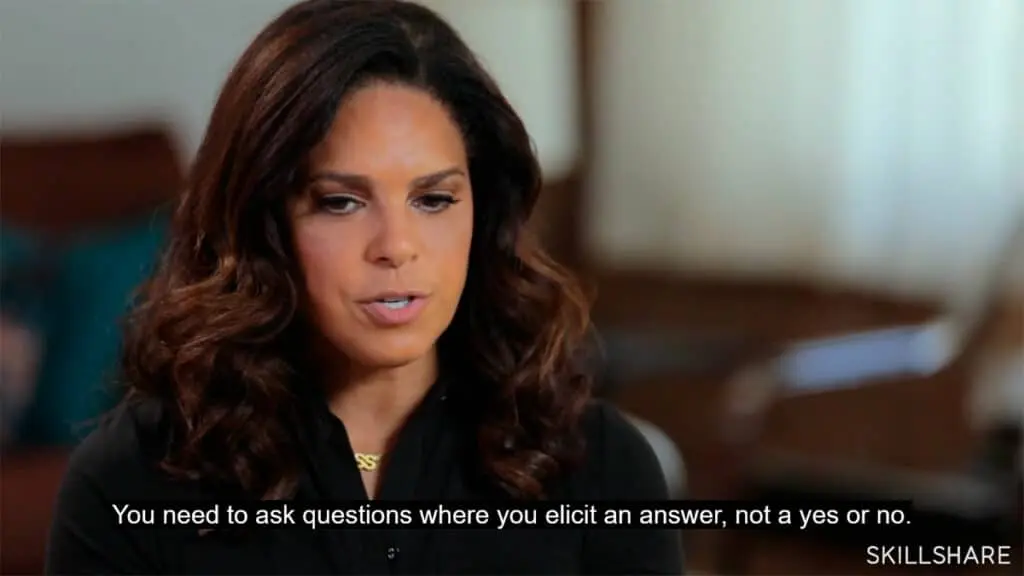 Advising against asking 'yes or no' questions in storytelling