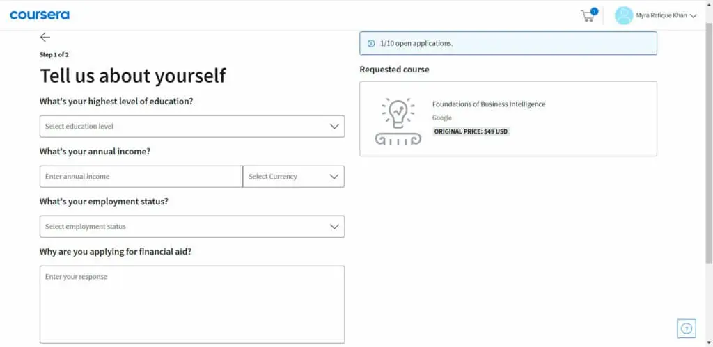 Online form for financial aid application