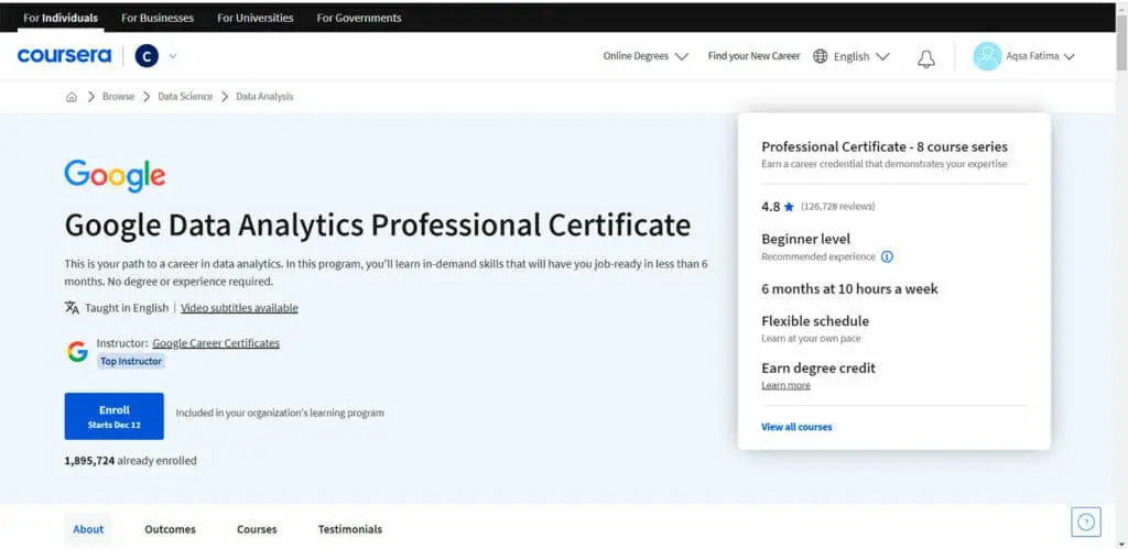 Certificate from Google for Data Analytics program completion