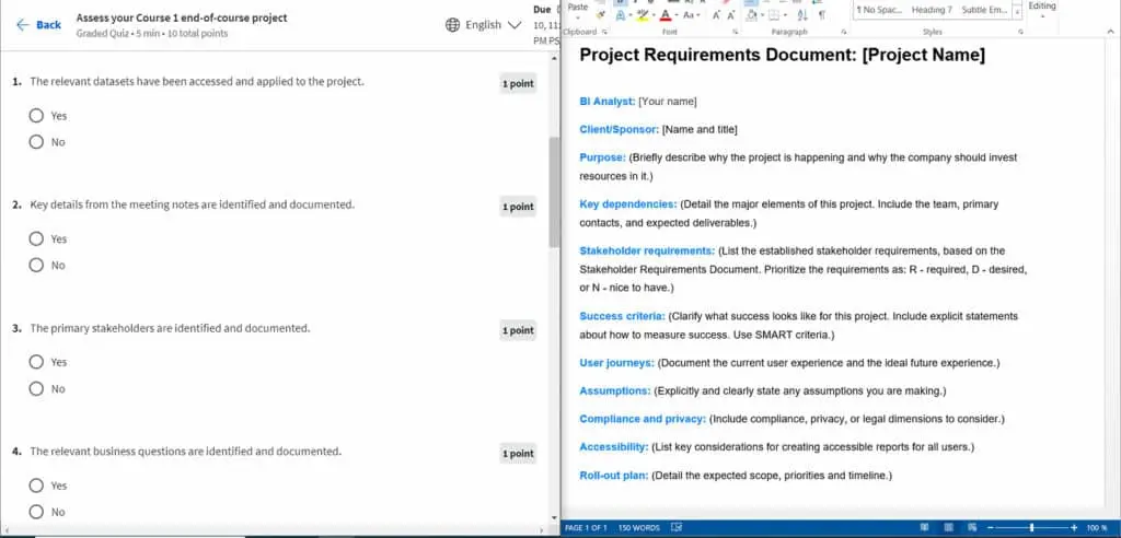 Comparing project deliverable against rubric criteria on a laptop screen