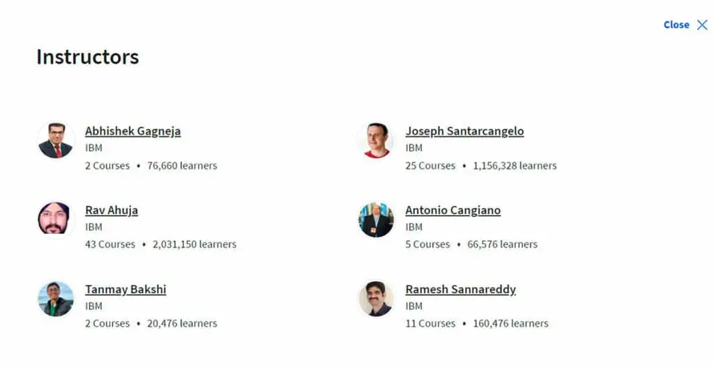 Some of the course instructors listed for the IBM Applied AI Professional Certificate