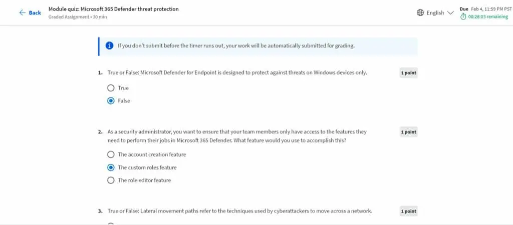 Course 5 features a graded assignment focusing on Microsoft 365 Defender threat protection