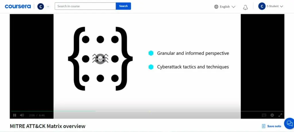 Course 8 includes a video lecture providing an overview of the MITRE ATT&CK Matrix