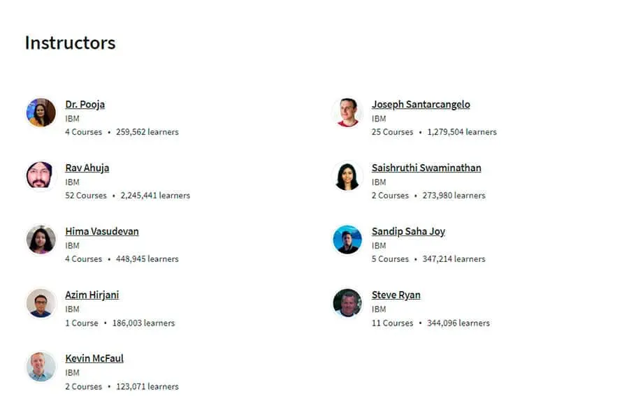 Some of the instructors for the IBM Data Analyst Professional Certificate