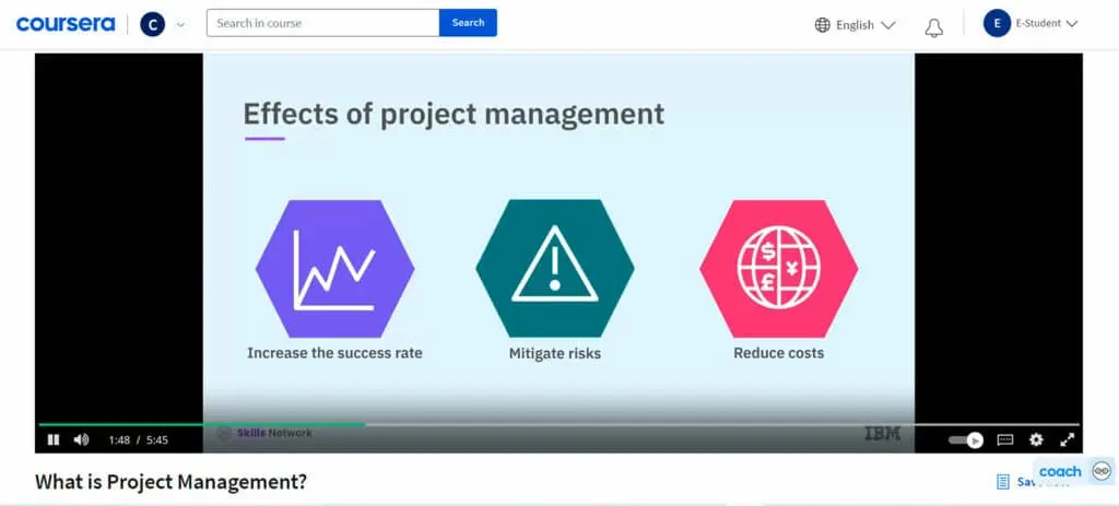 Course 1 features a video lecture titled 'What is Project Management?'