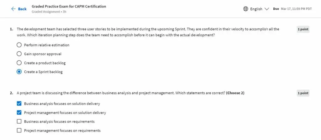 Course 10 offers a graded practice exam designed for CAPM (Certified Associate in Project Management) Certification preparation
