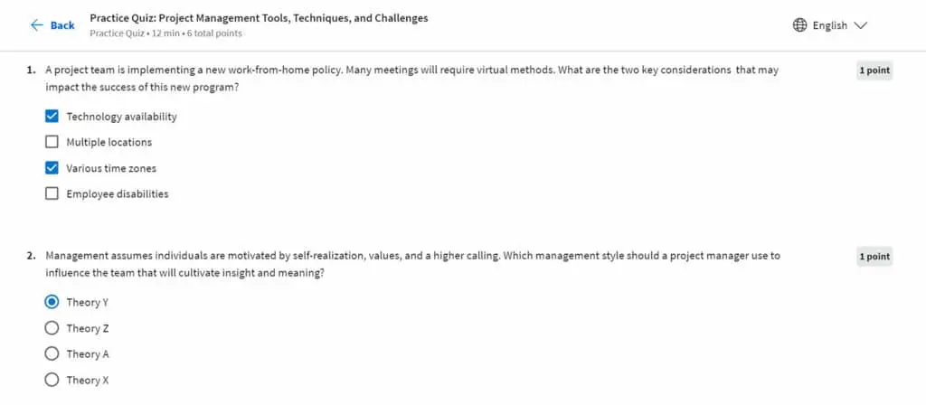 Course 2 includes a practice quiz focusing on Project Management Tools, Techniques, and Challenges
