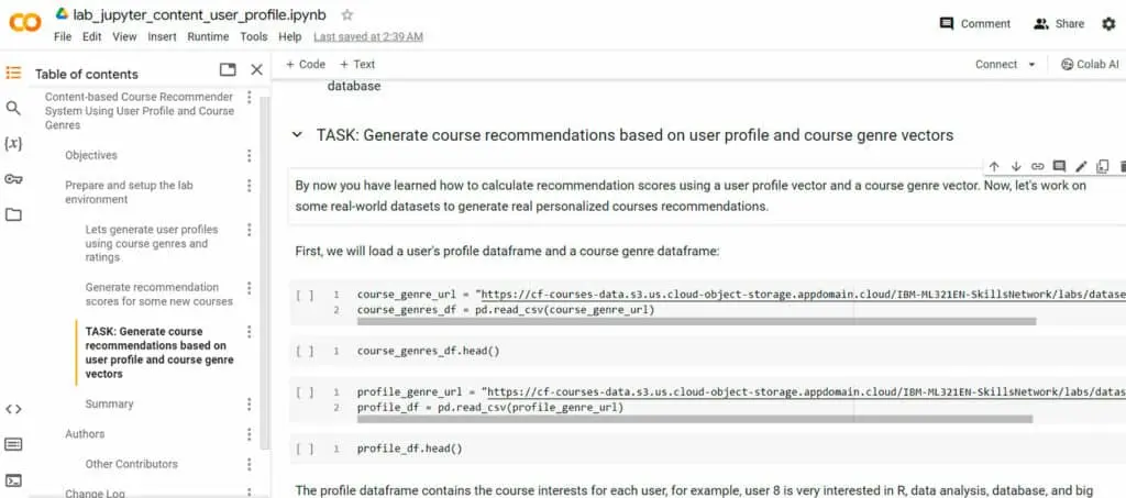 Course 6 includes a lab session demonstrating the implementation of a content-based course recommender system using user profiles and course genres