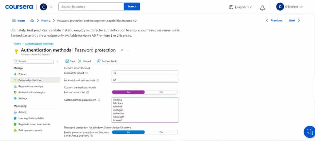 Course 9 includes an article reading session discussing password protection and management capabilities in Azure AD