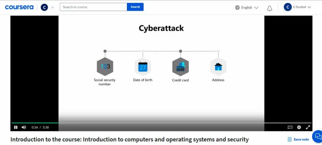 Course 1 includes a video lecture introducing computers, operating systems, and security concepts