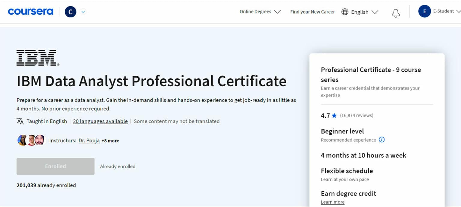 Review of Coursera’s IBM Data Analyst Professional Certificate - E-Student