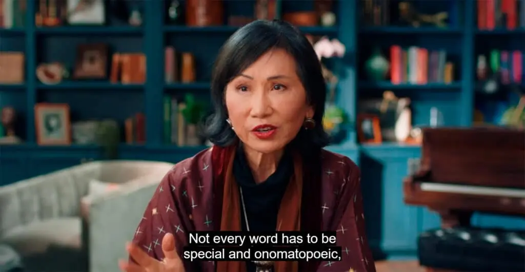 Amy Tan discussing her process of choosing words during a writing workshop or interview