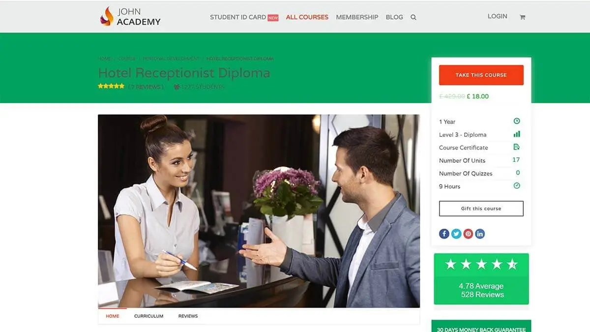 Best for Hotel Receptionists: Hotel Receptionist Diploma (John Academy)