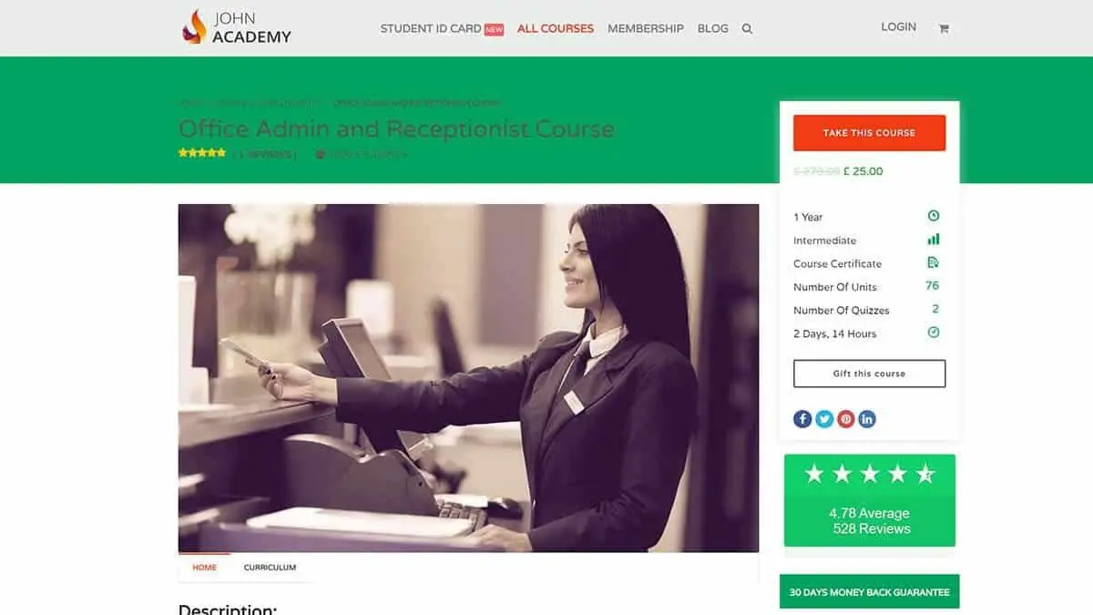 Best for Office Admins: “Office Admin and Receptionist Course” (John Academy)