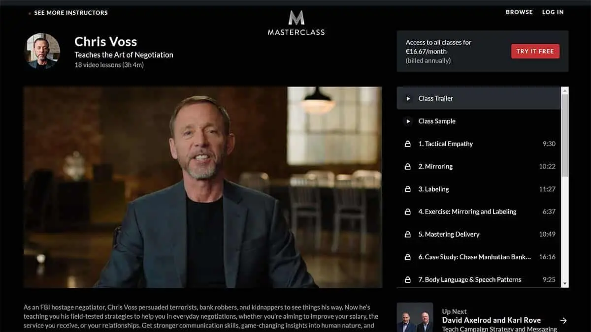Best Overall: “Chris Voss Teaches the Art of Negotiation” (Masterclass)